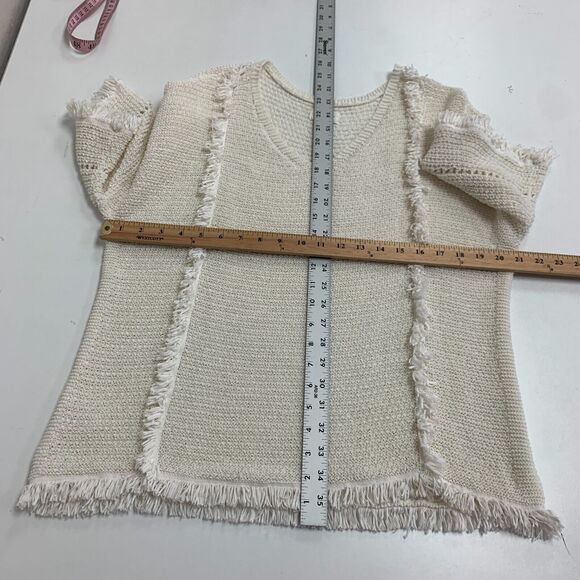 Lou & Grey Textured Weave Fringe Shirt Womens M Medium Cream Boho Mid Sleeve Top - Picture 6 of 11